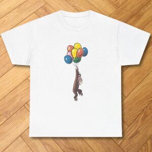 White-Curious George Monkey Balloon Adventure Cute Graphic Tee